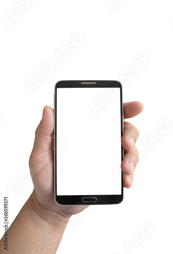 Side view of hand hold vertical smartphone with blank screen for concept