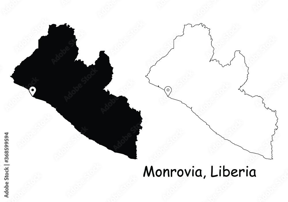 Monrovia Liberia. Detailed Country Map with Location Pin on Capital City. Black silhouette and outline maps isolated on white background. EPS Vector Monrovia Liberia. Detailed Country Map with Location Pin on Capital City. Black silhouette and outline maps isolated on white background. EPS Vector