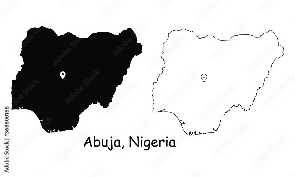 Abuja, Nigeria. Detailed Country Map with Location Pin on Capital City. Black silhouette and outline maps isolated on white background. EPS Vector