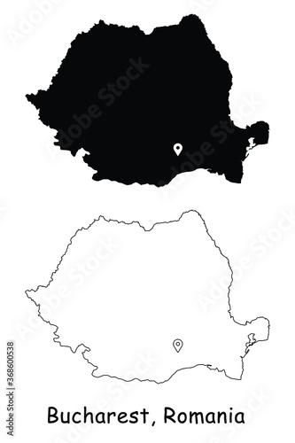 Bucharest, Romania. Detailed Country Map with Location Pin on Capital City. Black silhouette and outline maps isolated on white background. EPS Vector