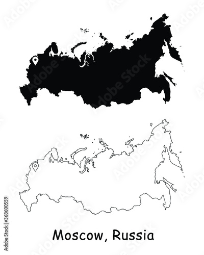 Moscow, Russia. Detailed Country Map with Location Pin on Capital City. Black silhouette and outline maps isolated on white background. EPS Vector