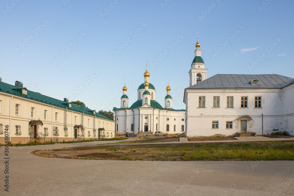 White-stone Epiphany monastery in Uglich Russia on a clear summer day and space for copying.
