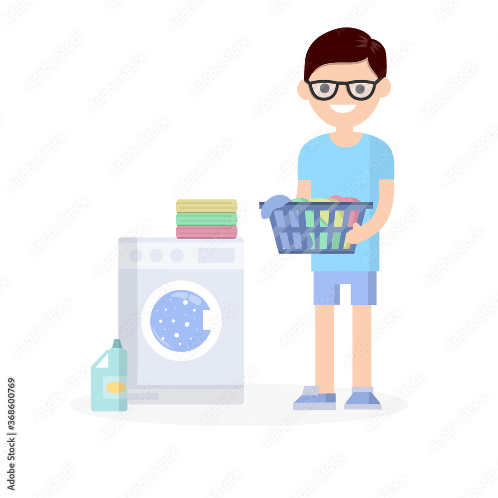Man in the blue dress with folded clothes in his hands next to a washing machine and detergent. Cartoon flat illustration