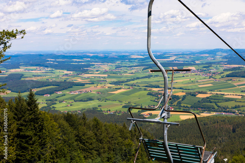 Aerial panoramic view from chairlift at hohenbogen summit, bavarian forest germany