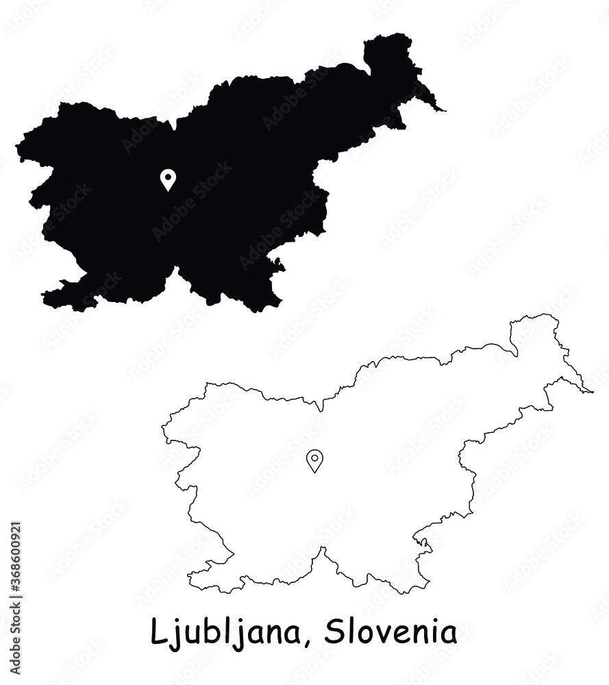 Ljubljana, Slovenia. Detailed Country Map with Location Pin on Capital City. Black silhouette and outline maps isolated on white background. EPS Vector