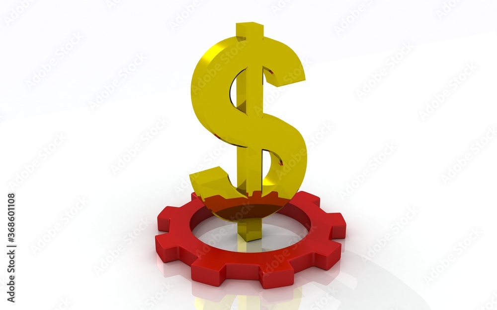 3D illustration of gears and dollar on white background 3D illustration of gears and dollar on white background