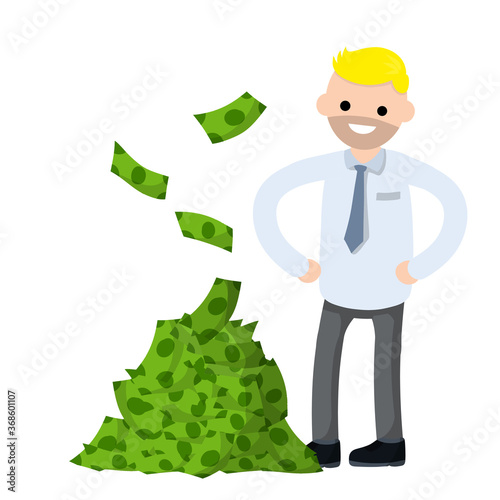 Office worker in white shirt. Big hand with green money. Happy man. Cartoon flat illustration. Payment and business