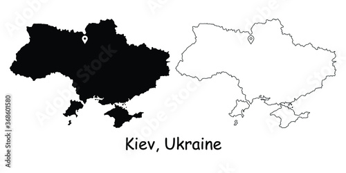 Kiev, Kyiv, Ukraine. Detailed Country Map with Location Pin on Capital City. Black silhouette and outline maps isolated on white background. EPS Vector