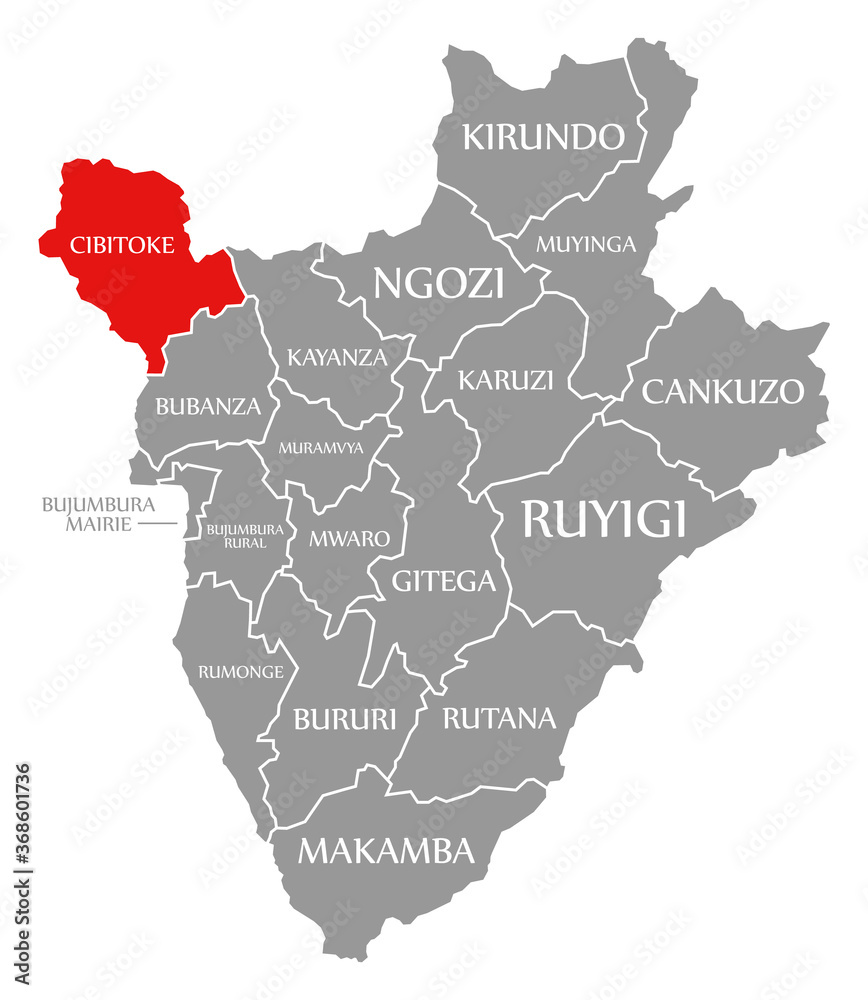 Cibitoke red highlighted in map of Burundi
