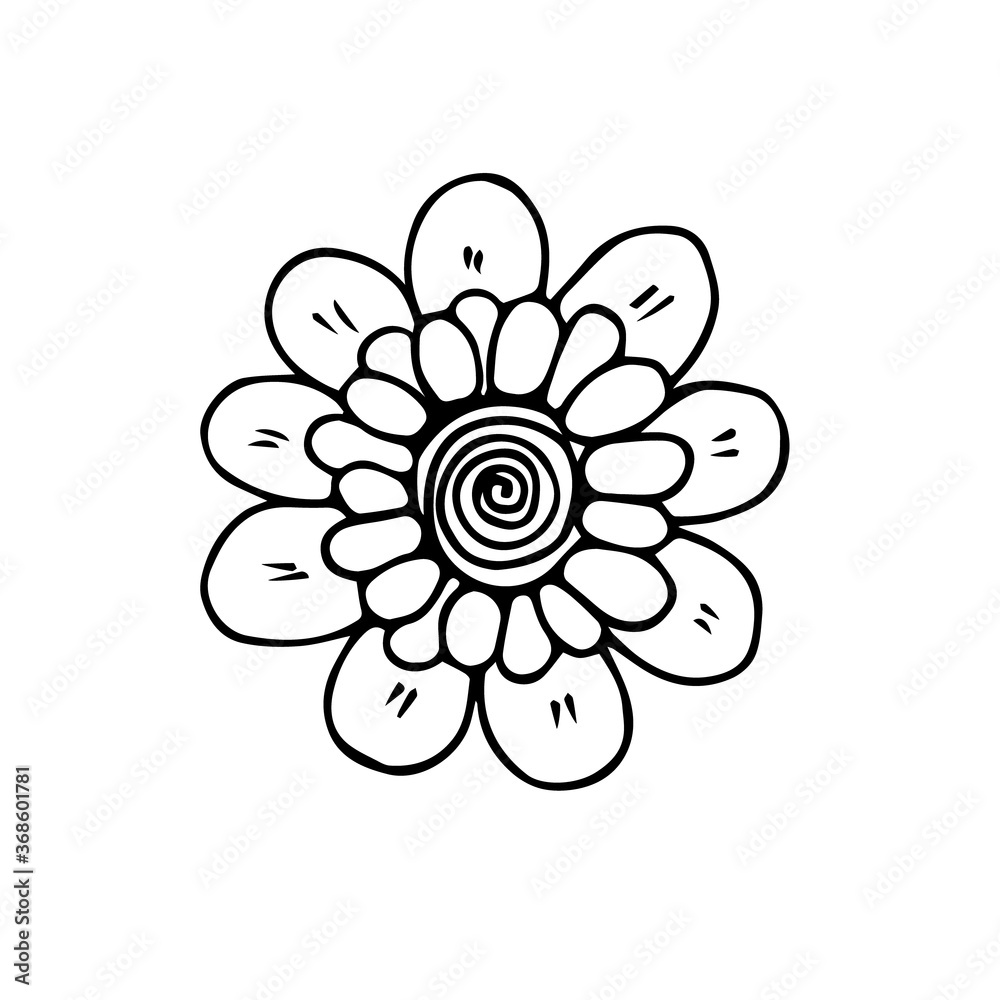 Hand-drawn stylized image of a chamomile. Lush chamomile. Black and white vector image. Idea for decoration, children's creativity, printing.
Hand-drawn stylized image of a chamomile. Lush chamomile. Black and white vector image. Idea for decoration, children's creativity, printing.
