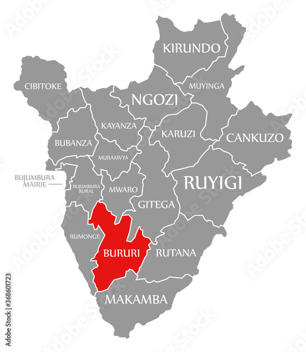 Bururi red highlighted in map of Burundi