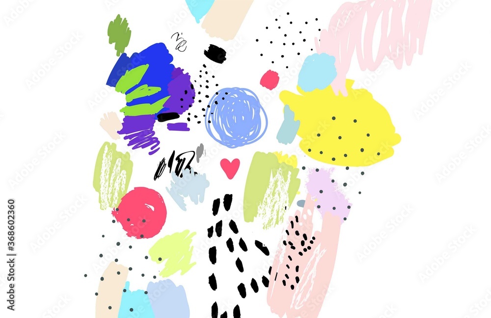 Naive art border. Brush, marker, highlight stroke. Abstract background. Vector artwork. Memphis 80s, 90s retro style. Child, kid drawing. Pink, black, blue, green, yellow, red, purple, violet colors