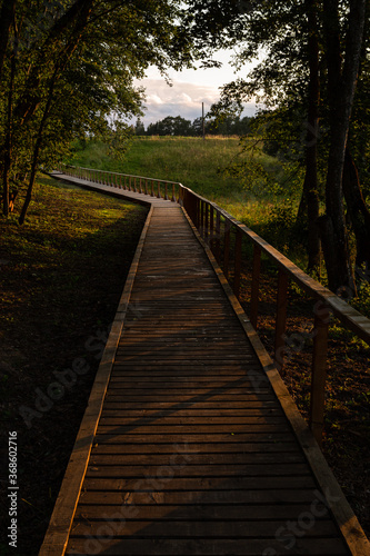 Wooden footbridge in the lake