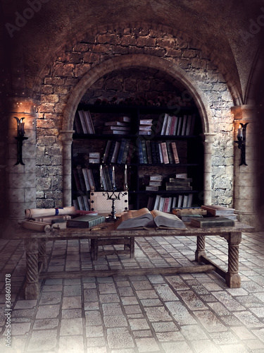 Room with books, scrolls and other papers in a medieval scriptorium with torches. 3D render.