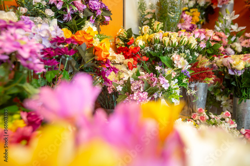 Close up of a huge arrenge of flowers in a flower shop studio