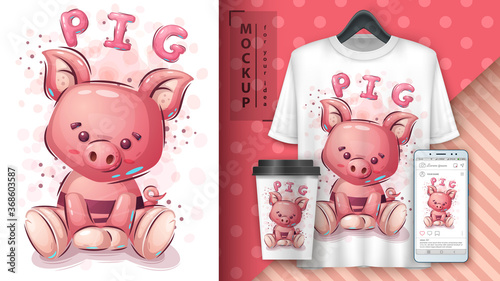 Pink pig poster and merchandising.