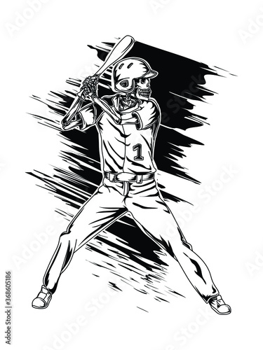 tattoo and t-shirt design black and white hand drawn skeleton baseball athlete premium vector