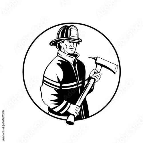 American Fireman Firefighter First Responder Holding Fire Ax Mascot Black and White