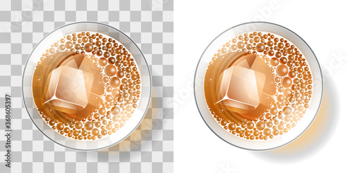 Cocktail in a glass with ice on a transparent background. Top view. A glass with a drink, foam and ice.