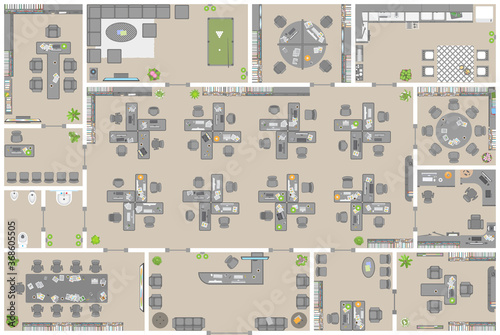 Office. Top view.
Working space. 
Office room, meeting room, reception, restroom, office furniture, cabinets, desks, chairs, computers. View from above.