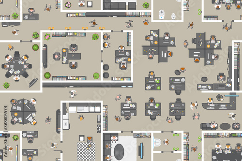 Seamless pattern. Office top view. People at work. Office room, meeting room, reception, office furniture, cabinets, desks, chairs, computers. (view from above) 