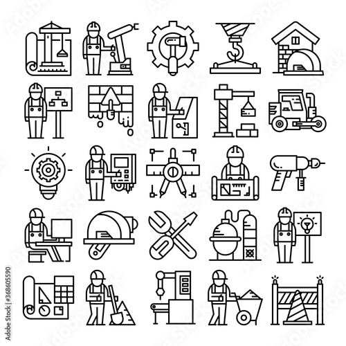 engineering, automation technology and tool icons set line design