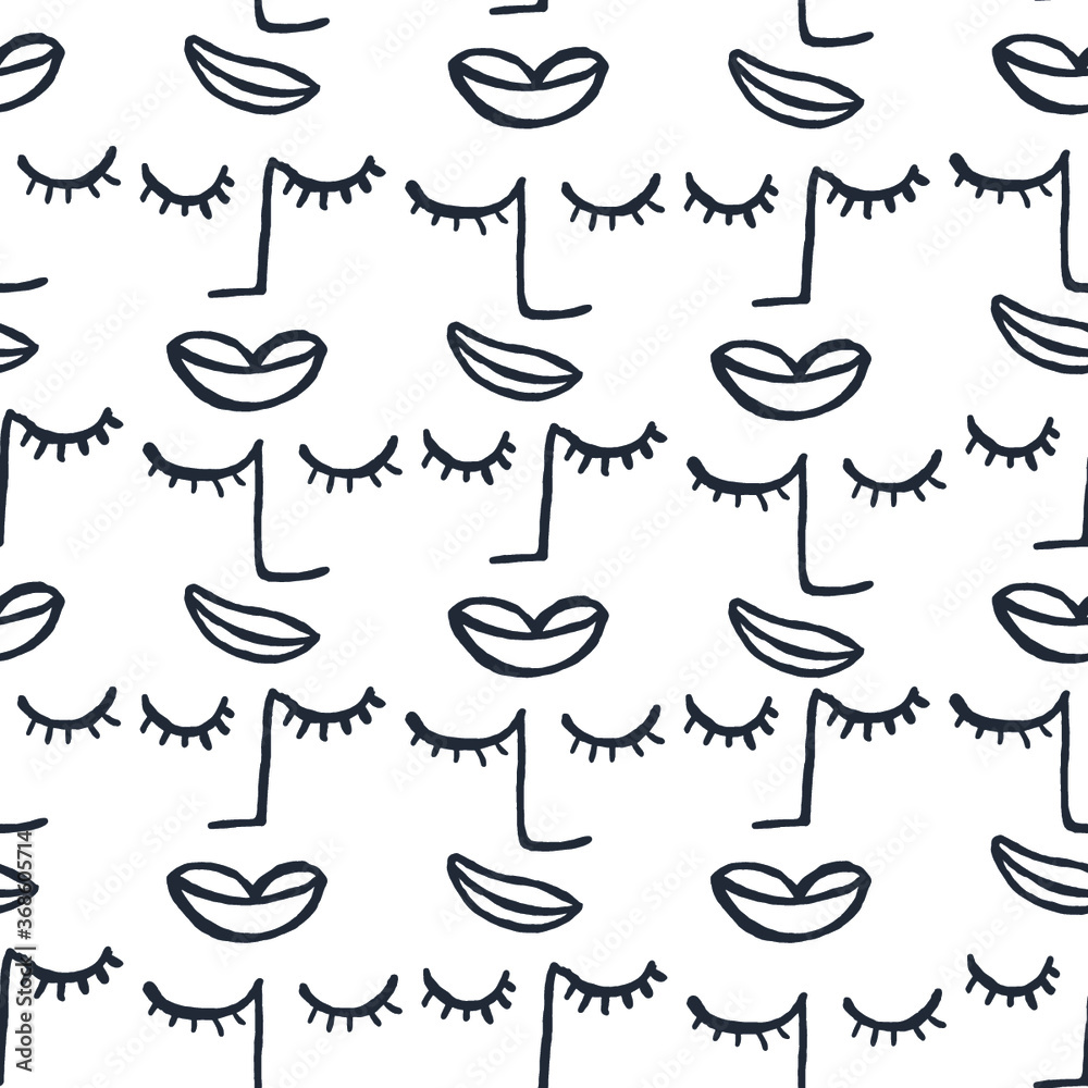 Seamless pattern of eyes, noses, lips. Image for a poster or cover. Repeating texture. Figure for textiles.