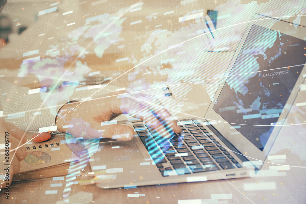 Businessman working on Laptop with technology theme drawing. Concept of big data. Double exposure. Businessman working on Laptop with technology theme drawing. Concept of big data. Double exposure.
