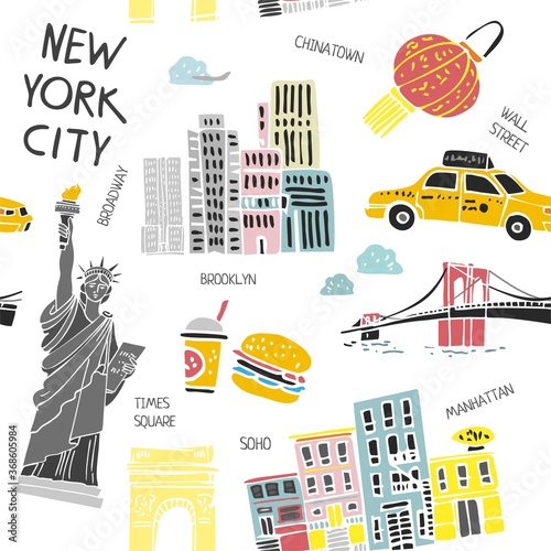 Decorative seamless pattern with new York symbols isolated on white. Background with architecture, names of attractions in the city of America for tourism, printing on Souvenirs. Vector illustration.