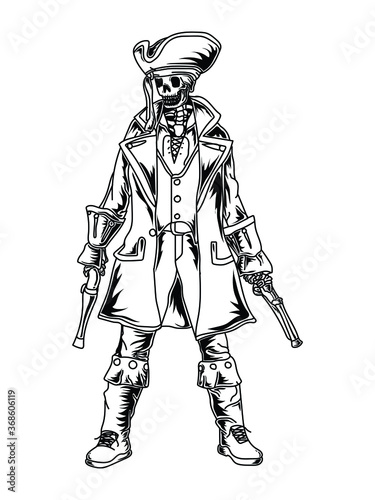 tattoo and t-shirt design black and white hand drawn skeleton pirate premium vector