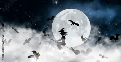 The witch sitting on the broom flyes through clouds up above the sky with Moon and stars shining on it. Old hag surrounded by bats on the night space background. Halloween vector illustration.