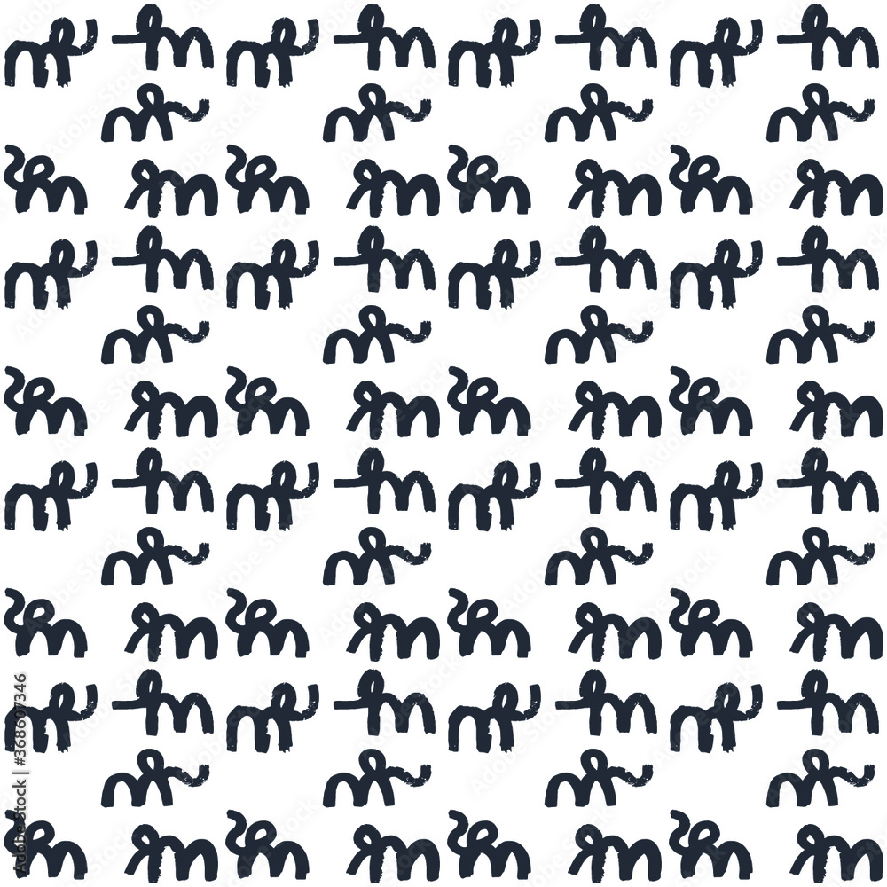 Abstract seamless pattern of hand drawn twisted lines silhouette elephants.  Repeating grunge texture for textile.