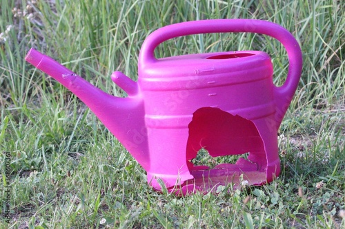 Alte defekte kaputte Gießkanne pink rosa 