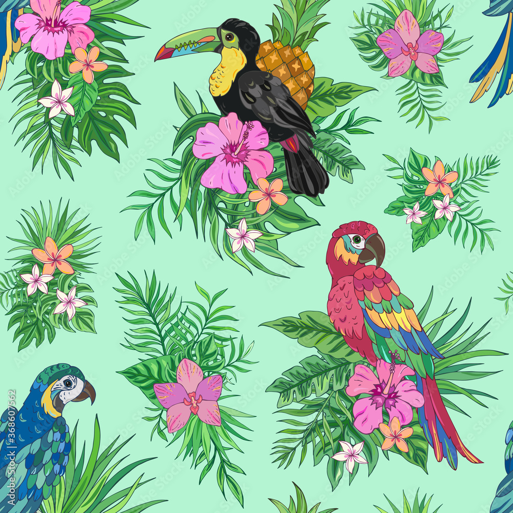 Naklejka premium Vector trendy seamless pattern with parrots, toucan , palm leaves, pineapple, hibiscus and plumeria. Summer decoration print for wrapping, wallpaper, fabric. Tropical bouquet flowers.