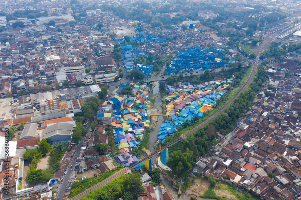 Aerial/Drone view of the colourful Rainbow Village in Malang