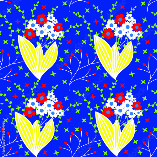 Seamless summer pattern with plant and flowers, workpiece for your design. Flowers elements and motifs. Decor for textile and print design. Vector.	
