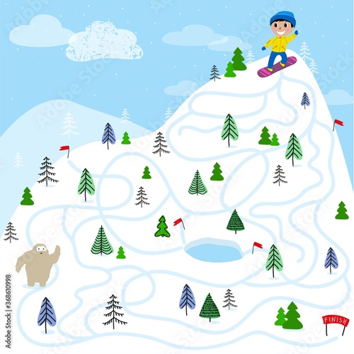Boy snowboarder on the mountain. Educational game for children. A fun maze for young children. Cartoon vector illustration.