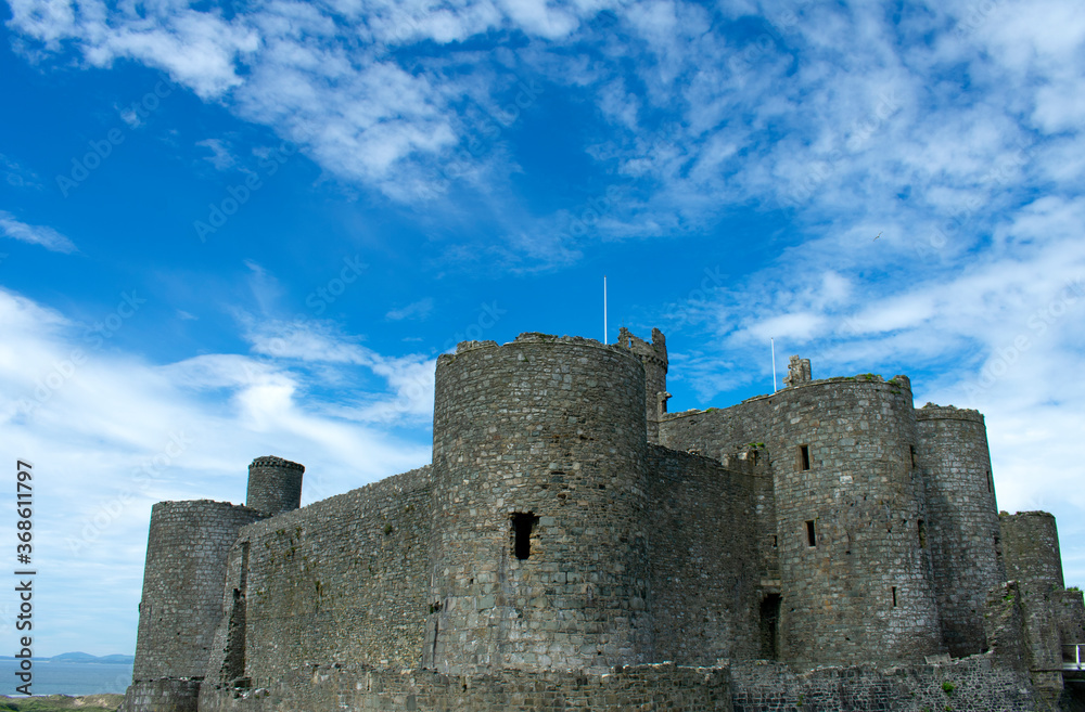 Wales the historic seaside town of Harlech. Defensive towers and walls.