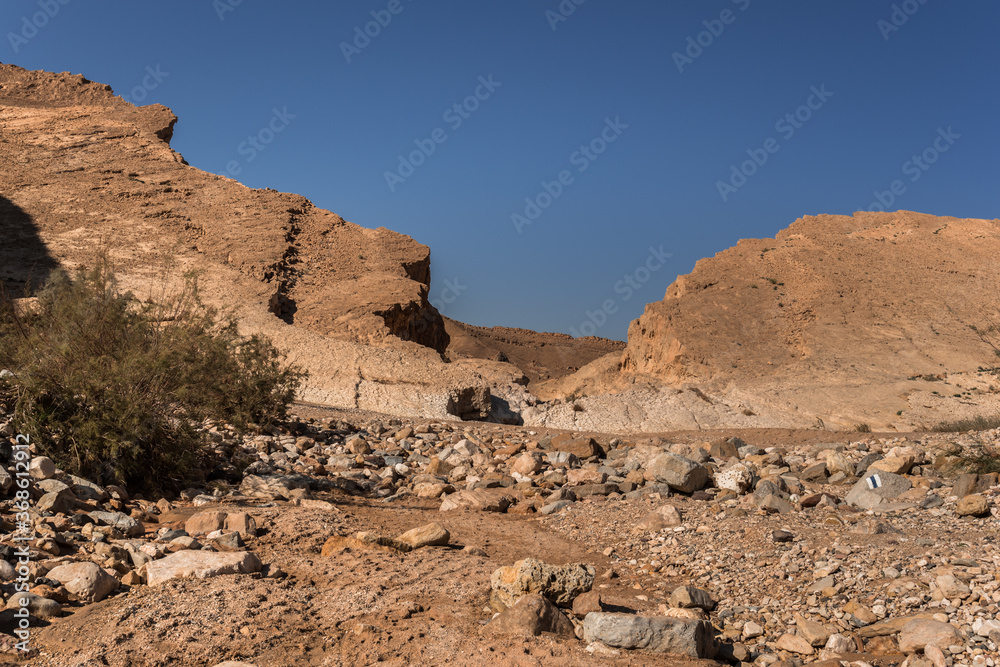Crescents Spring round trail in Ramon Crater, at its eastern end, near the small town of Mitzpe Ramon, Ramon Nature reserve, Negev desert, Israel. Crescents Spring round trail in Ramon Crater, at its eastern end, near the small town of Mitzpe Ramon, Ramon Nature reserve, Negev desert, Israel.