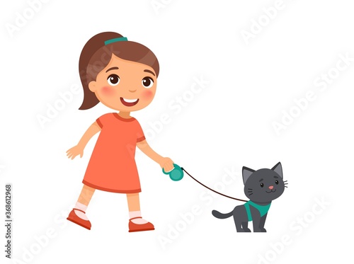 A joyful little girl is holding a cute black kitten on a harness. The concept of friendship with pets. Cartoon characters isolated on white background. Flat vector color illustration.