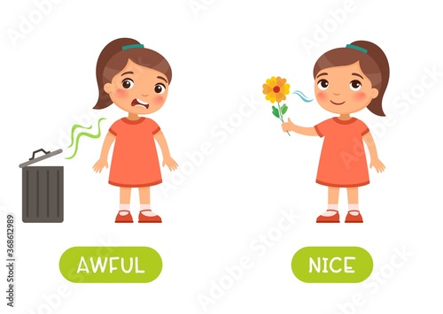 Awful and nice antonyms word card vector template. Flashcard for english language learning. Opposites concept. Little girl does not like the bad smell from the trash can,  child sniffs  flower  