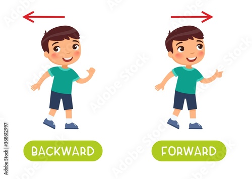Backward and forward antonyms word card vector template. Flashcard for english language learning. Opposites concept. Boy steps backward, the child steps forward and the arrows indicate the direction.