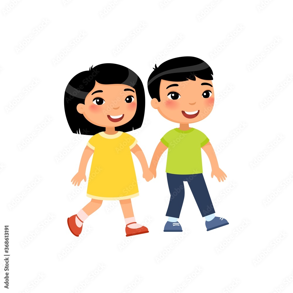 Young asian boy and girl in love flat vector illustration. Cute boyfriend and girlfriend holding hands cartoon characters. Cartoon characters isolated on white background. First love concept.