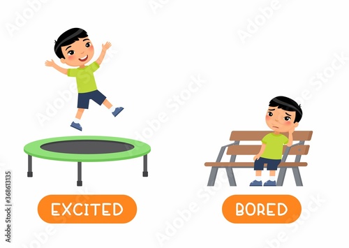 Opposites concept EXCITED and BORED. Antonyms word card vector template. Flashcard for english language learning with flat character. Asian boy jumping and sitting on bench 
