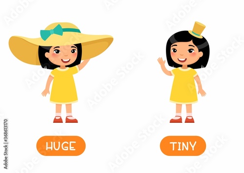 HUGE and TINY antonyms flashcard vector template. Opposites concept. Word card for english language learning with flat character. Girl wearing big and small straw hat illustration with typography photo