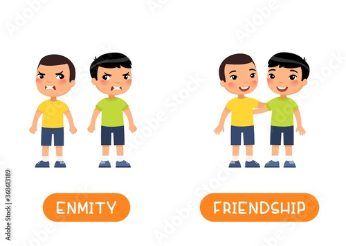 FRIENDSHIP and ENMITY antonyms flashcard vector template. Opposites concept. Two little asian boys quarrel and friends illustration with typography. Word card for english language learning 