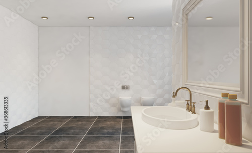 Modern bathroom with large window. 3D rendering.