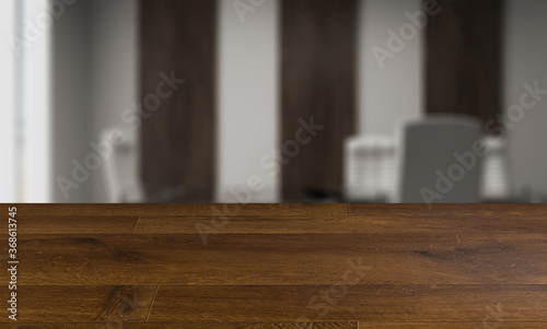 blurred interior on a wooden table background.office cabinet with wood paneling on the walls. meeting with company leaders.. 3D rendering.