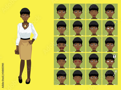 Manga Style Woman Businesswoman Black Cartoon Character Emotions