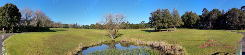 Beautiful morning panoramic view of a small pond in a park with reflections of deep blue sky and tall trees, Fagan park, Galston, Sydney, New South Wales, Australia